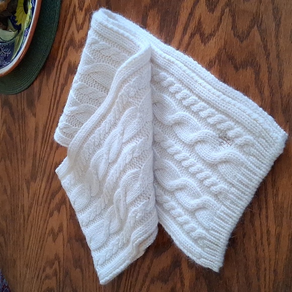 Lauren Ralph Lauren Cream Lambswool Angora Preppy Quiet Luxury Cable Knit Scarf - Picture 6 of 8